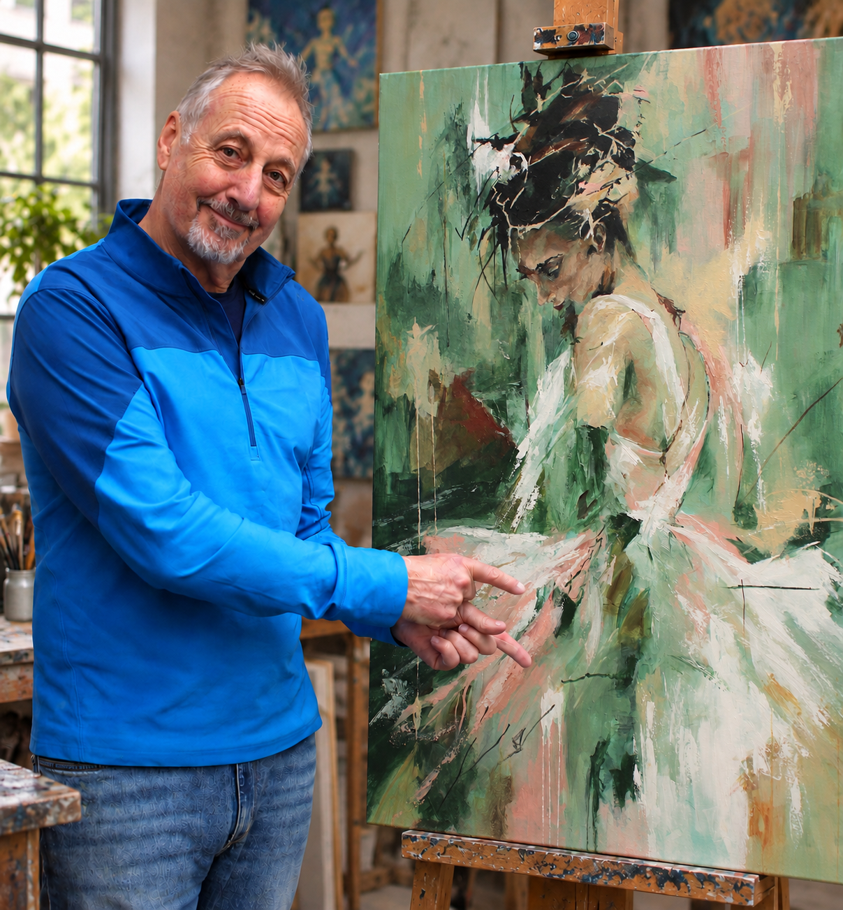 Derek Watkins in studio with a ballet painting