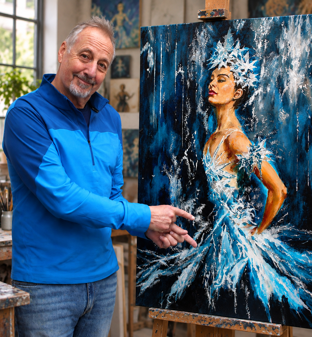 Derek Watkins in studio with a ballet painting